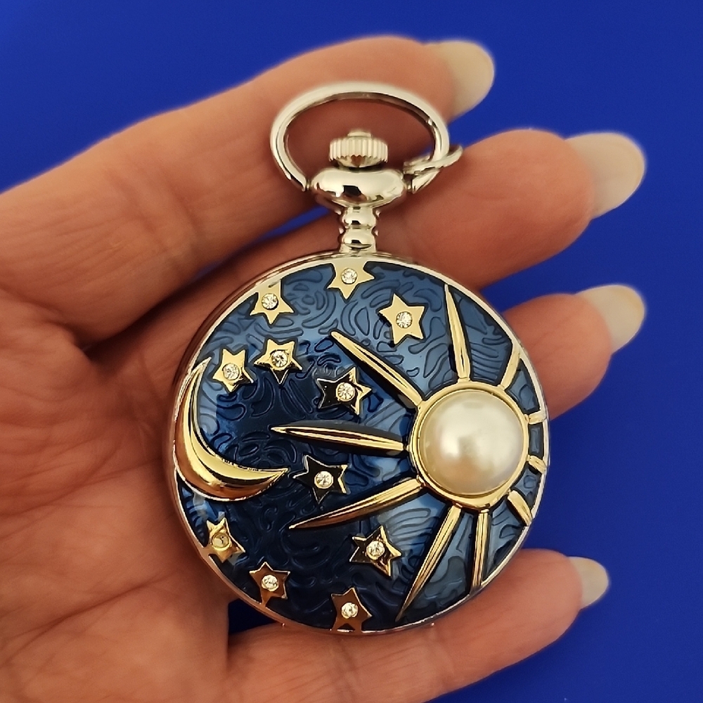 Strada Quartz Movement Carved Moon & Stars Pocket Watch Pendant / Bag Charm